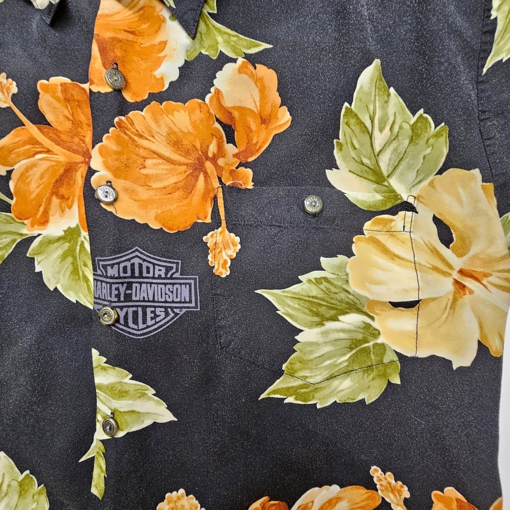Harley Davidson Mens Black Hibiscus Floral Hawaiian Shirt Viscose Large USA Made - Picture 6 of 11